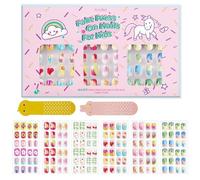144Pcs Ongles à Pression Pour Enfants Acrylique Faux Ongles Pré-Collés Couverture Complète Paillettes Fleur Ongles Courts Kits D'art D'ongles Faux Cadeaux De La Saint-Valentin Pour Enfants Filles