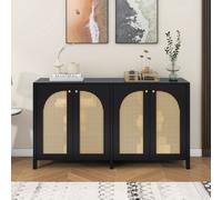 145*40*80 cm Buffet moderne de style minimaliste 4 portes en rotin, poignée métallique simple pour salle à manger, salon, cuisine, noir