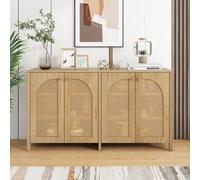 145*40*80 cm Buffet moderne de style minimaliste 4 portes en rotin, poignée métallique simple pour salle à manger, salon, cuisine, bois naturel