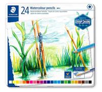 Staedtler Crayons de couleur aquarellables de haute qualité pour artistes, Utilisables à sec ou à l'eau, Mine douce et tendre de 3 mm, Boîte en métal avec 24 couleurs différentes assorties, 14610C C24