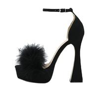 14CM / 5.51IN Femmes Classique Plume Cheville Sangle Talons Peep Toe Boucle Sangles Talons Hauts Un Mot Ceinture Sandales Court Chaussures Pole Dancer Stripper Robe,Noir,41 EU