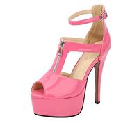 14CM / 5.51IN Femmes Solide Couleur Tempérament T-Strap à Bout Ouvert Plate-Forme Boucle Sandales à lanières Court Chaussures Dames Sexy Pole Dancer Stripper Talon Stiletto,Rose,44 EU
