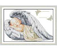 14CT Kit de broderie estampillée au point de croix à faire soi-même : gamme complète de kits de démarrage pré-imprimés pour débutants - Certificat de naissance du petit ange 49x34cm
