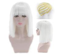 14inch Straight Black White Pink Red Blue Short Bob Wigs For Women Synthetic Hair Anime Cosplay Party Wig With Bangs 8 Colors OneSize white