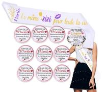 14pcs Kit EVJF Drôle - Écharpe Future Mariée Pailletée + Badge Mariée + 12 Badges Team Mariée avec Phrases Humour - Accessoires EVJF Enterrement Vie de Jeune Fille Fête Déguisement
