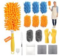 14PCS Plumeau Poussiere, Plumeau pour Swiffer(Bleu, Orange, Gris) | Plumeau Telescopique Chiffon Réutilisable à 360°, avec Sac à Linge, Gant, Crochet et Balai Télescopique de Rechange