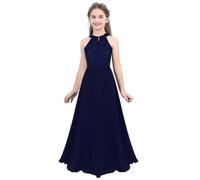 (15-16 Years,navy blue)Elegant Flower Girls Dress Wedding Formal Party Princess Floral Lace Cutout Back Dress