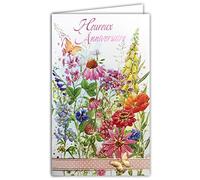 15-6465 Carte illustrée en Relief avec enveloppe blanche 12x19,5cm Heureux ANNIVERSAIRE Féminin Rose et Or Doré Brillant Fleurs Sauvages Champêtre Papillons Ruban à pois Gaufrage Papier