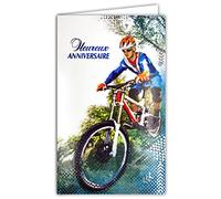 15-6477 Heureux ANNIVERSAIRE Bleu Brillant pour Garçon Homme Sportif qui aime faire du vélo cross VTT balade nature Carte illustrée Papier Brillant Argenté avec enveloppe blanche 12x19,5cm
