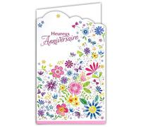 Afie 15-6503 Carte avec Enveloppe Heureux Anniversaire pour Fille Femme Bouquet de Fleurs des Champs Champêtre Papillons Libellules Crayons de couleur Rose Violet Bleu - Fabriqué en Europe