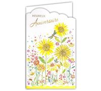 15-6504 Carte avec Porte-Billet intérieur et Enveloppe Heureux Anniversaire pour Fille Femme Bouquet de Fleurs des Champs Tournesols Jaunes Champêtre Libellules Crayons de couleur - Fabriqué en Europe