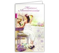 15-6520 Carte avec Enveloppe Heureux Anniversaire pour Jeune Fille Femme Belle Jolie qui se fait une Beauté à sa Coiffeuse Maquillage Miroir Fleurs Roses Violet - Fabriqué en Europe