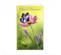 15-6549 Carte Anniversaire Papillon Fleurs de Cosmos Rose Lavandes Violettes avec Enveloppe Format 12x19,5cm - Pour Filles Femmes qui aime la Nature - Photos sublimée par du Feuillage Argenté Brillant