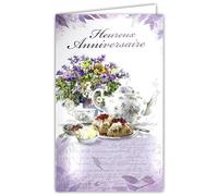 15-6579 Carte Heureux Anniversaire pour Fille Femme - Bouquet de Fleurs théière - Avec Enveloppe Blanche format 12x19,5cm - Espace blanc réservé à l'écriture