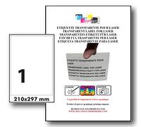 15 ex Etiquette adhésive en polyester transparent mat laser A4 210 x 297 mm pour imprimante laser autocollant pour tout support lisse (plastique, verre, métal) résistante à l'humidité et la chaleur. Idéal pour affiche, panneau, sticker, pour l’étiquetage des surfaces et emballages d'aspect mat ou l'étiquette doit rester invisible (flacons, bidons, boites, produits)