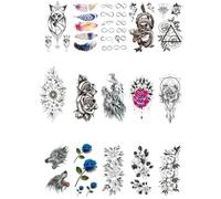 15 feuilles de tatouages temporaires de fleurs et de papillons for femmes et hommes, fausses lunes, roses, boussoles(C)
