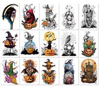 15 feuilles Tatouages Floraux Pour Les Bras Sur Le Thème D'Halloween, Résistants À L'Eau Et À La Transpiration, Avec Des Motifs De Sorcières Et De Crânes Sombres Et Réalistes Pour Hommes Et Femmes.