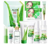 15 Pièces Aloe Vera Ensemble de Soins de la Peau, Coffret de Soins du Visage à l'Aloe Vera, avec Nettoyant, Sérum, Toner, Crème pour les Mains, Masque, Baume à Lèvres, Patchs pour les Yeux