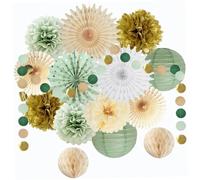 15 pièces décorations de fête vert sauge, pompons en papier, lanternes en papier et éventails décorations de fête avec points paillettes suspendus pour décor mariage, nuptiale, remise d