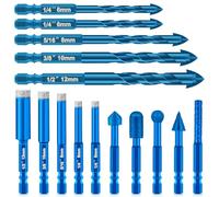 15 Pièces Foret Diamant Carrelage, 5 Foret Carrelage (6/6/8/10/12 mm), 5 Foret Diamant (6/6/8/10/12 mm) et 5 Fraise Dremel, Forets avec Changement Rapide Tige Hexagonale pour Granit, Verre, Carrelage