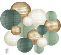 15 Pièces Lanternes en Papier Décoratives, Vert Sauge/Or/Blanc Crème, 25,4/20,3/15,2 cm, avec Cordon