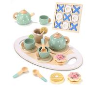 15 Pièces Service à Thé en Bois pour Enfants, Dinette Enfant Accessoire Jouets en Bois, Jeu de Simulation pour Filles, Service a The Enfant, Anniversaire Cadeau pour Enfants Filles Garçons 3 4 5 Ans