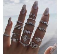 15 pièces/set Bague anneau ouvert Ensemble de bijoux avec cœur creux et strass. Idéal pour la Saint-Valentin, Mère, Fête des Mères, Cadeau Alliage de zinc