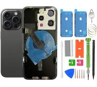 15 Pro Verre arrière de rechange avec câble flexible de charge sans fil, cadre d'appareil photo, toutes les pièces pour iPhone 15 Pro (6,1 pouces) avec kit et ruban adhésif étanche (titane noir)