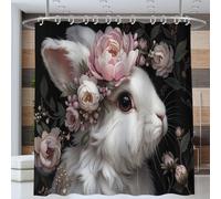 150 * 180cm Lapin Portant Une Couronne De Fleurs Rideau De Douche, Salle De Bains Rideau Animal Vintage Rideaux De Douche Imperméable Rideaus De Bain avec Crochet, Blanc