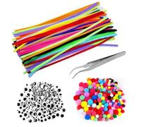 150 Pcs Cure Pipe Chenille Loisir Creatif, 30cm Cure-pipes Colorés pour Loisirs Créatifs, Fils Chenilles Pipe Cleaners pour Décoration Créative DIY + 100 Pompons, 100 Yeux Mobiles, 1 Pince à épiler