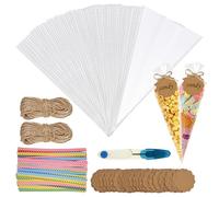 150 Pièces Sachets Transparents 25X13Cm Sachet Cone Transparent avec 150Pcs Liens Torsadés 150pcs Etiquette Cadeau 2 Cordon de Jute1 Ciseaux,Sachet Pop Corn,Pour FêTe,Party,Birthday,Emballage