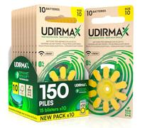 150 Piles Auditives Taille 10 Udirmax PR70 Jaune Zinc-Air Eco Pack - 15 Blisters Écologiques de 10 Piles