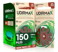 150 Piles Auditives Taille 312 (Marron) PR41 Zinc-Air 0% Mercure 1,45V Udirmax Eco Pack - 15 Blisters Écologiques de 10 Piles