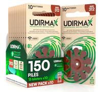 150 Piles Auditives Taille 312 Udirmax PR41 Marron Zinc-Air avec Technologie Dynamic Sonar Eco Pack - 15 Blisters Écologiques de 10 Piles