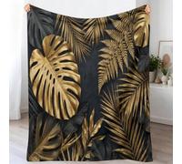 150 x 200 cm Peluche en Flanelle Couverture, Noir Or Masion Decor | Moderne Luxe Douce Couverture pour Adolescent, Feuilles De Monstera Plantes Légère Chaud Couverture pour Lit Chaise Canapé