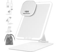 1500mah Rechargeable Cosmetic Mirror With Lighting, 15x Magnifying Mini Mirror With 3 Colors Dimmable, Foldable Makeup Mirror, Ultra Thin Portable Makeup Mirror (White)