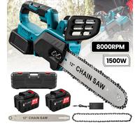 1500W Brushless 12Inch Electric Chainsaw Cordless Pruning Woodworking Power Tool Handheld Garden Cutter For Makita 18V Battery 2*Battery