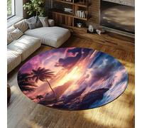 150cm（Rond） Tapis Ronds pour Salon Rugs Tropical couchant de Soleil lavables Moquette Douce Bohème Vagues de l’océan Palmier et île Tapis Fin imprimé pour Chambre