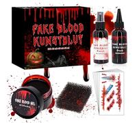 150ml Faux Sang + 5 Feuilles Tatouage Halloween pour Maquillage Halloween, Fake Blood pour Vampire, Clown, Zombie, Tatouage Halloween Enfant Adulte, Maquillage de Théâtre, Carnaval, Cosplay