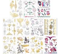 150pcs Tatouages Temporaires Métalliques Pour Femmes Filles,Tatouage De Conception De Paillettes D'or Argent,Bijoux Totem Tribal Papillon Fleur Plume Tatouage Imperméable