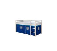 Homestyle4u Lit mezzanine enfant 90x200 blanc avec toboggan et rideau bleu bois pin massif