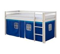 Homestyle4u Lit Mezzanine 90x200 Blanc Lit d'enfant avec Toboggan Rideau Bleu Bois pin Massif