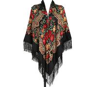 157,5 x 157,5 cm surdimensionné pour femme traditionnel rétro écharpe Wrap Tassel Franges Floral Poncho Châle Impression Châle, Noir, 63 * 63inch