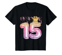 15e Anniversaire Cadeau Filles Ballons Roses Couronne Quinze T-Shirt, Enfant, Noir, 4 Ans