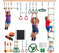 15M Slackline Kit pour Enfant avec Sac de Transport, Adapté aux Débutants | Ninja Parcours d'obstacles avec Échelles, Nœuds de Corde, Roues de Ninja, Anneaux de Suspension, Échelles d'escalade, etc