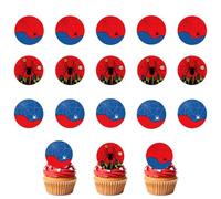 15pcs Décorations de Cupcakes Rondes et Comestibles, Motif Araignée 5cm Prédécoupées Rouges et Bleues pour Fête d'Anniversaire