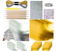 15Pcs Foil Paper Art Foils Sheet,DIY Gold/Silver Decorative Metal Sheet Embossing Tools,Metal Embossing Foil Sheets Kit with 2 Rolls Wire,Engraving Tools for Painting Gilding Crafting (2MIX)