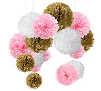 15pcs papier fleur pompon boule à suspendre 6",10",12" rose décor mariage fête Rose Or et Blanc