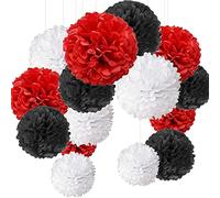 15pcs Pompon Papier Soie Papier Fleur Pompon Boule à Suspendre 6",10",12" décor Mariage fête (Noir Rouge Blanc)