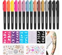 15pcs Stylo Tatouage Temporaire, Feutre Tatouage Kit Tatouage De Cadeau Avec 50 Tatouages, 2 Pochoirs Autocollants Doux Pour La Peau Pour Garçons, Filles, Carnaval, Halloween, Fête D'anniversaire